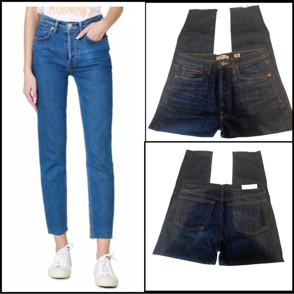 RE/DONE LEVI’S HIGH-RISE DARK WASH RAW-EDGE HEM JEANS 30